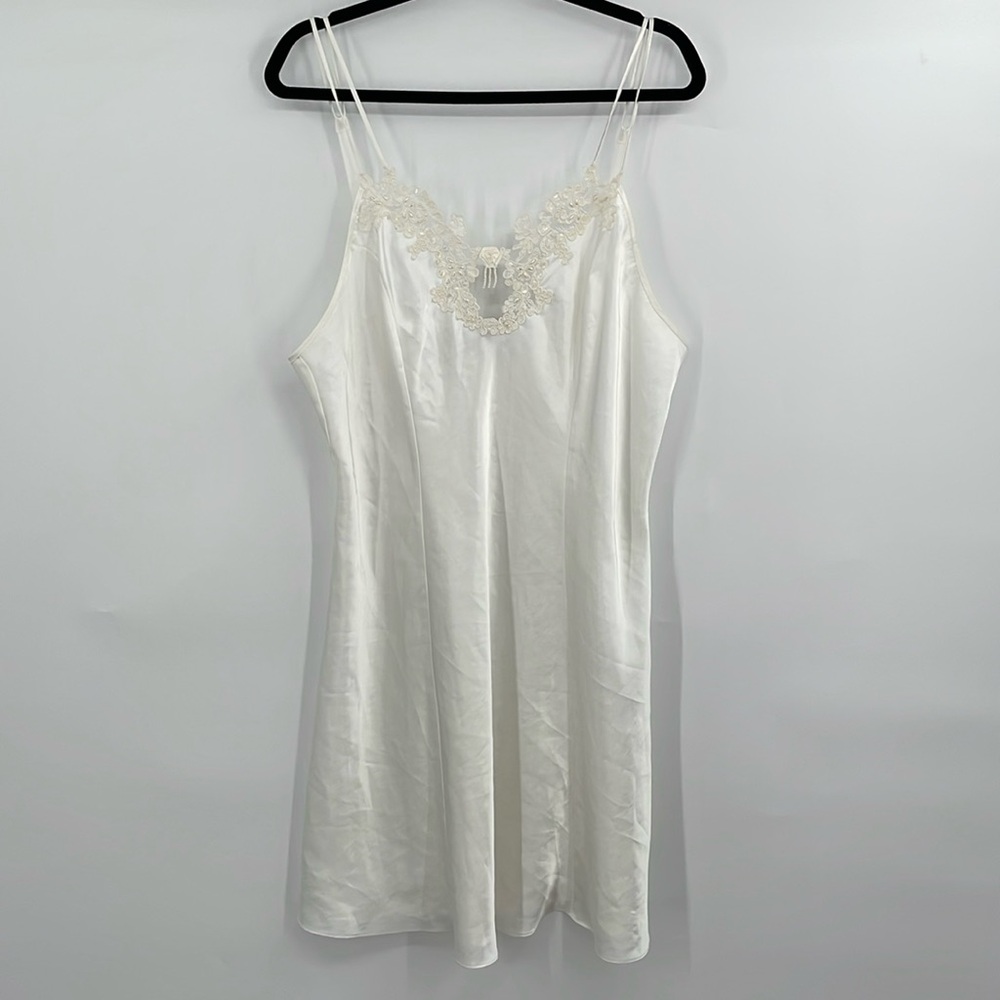 Vintage Satin White Slip, Nightgown, Lingerie, Size 14/16, Lace Beaded, GUC
